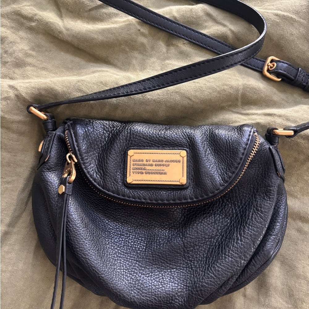 Marc by Marc Jacobs Black Pebbled Leather Crossbody with Gold Plaque
